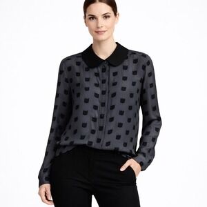 Milly 100% silk cat print button up shirt blouse Size 12 gray black round collar